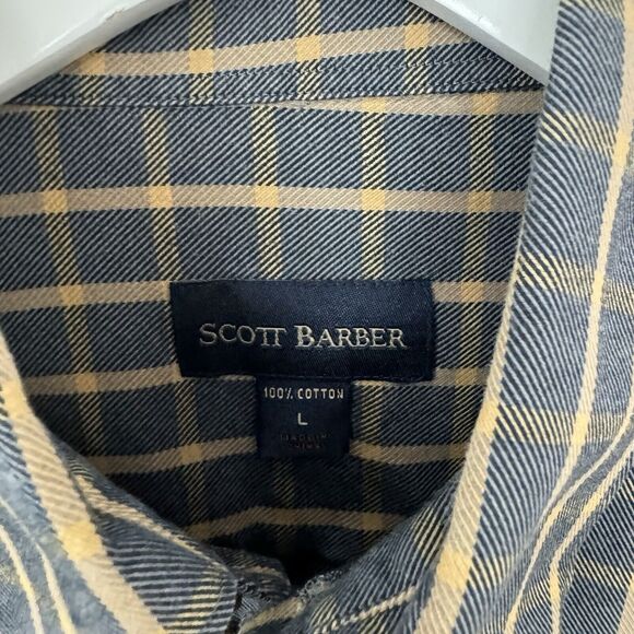 SCOTT BARBER Men's Button Down Shirt Gray Brushed Plaid Long Sleeve Pocket L - Picture 7 of 9